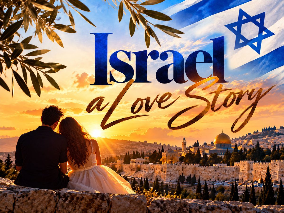 Israel – A Love Story: a couple looks out over Jerusalem at sunset beneath the Israeli flag