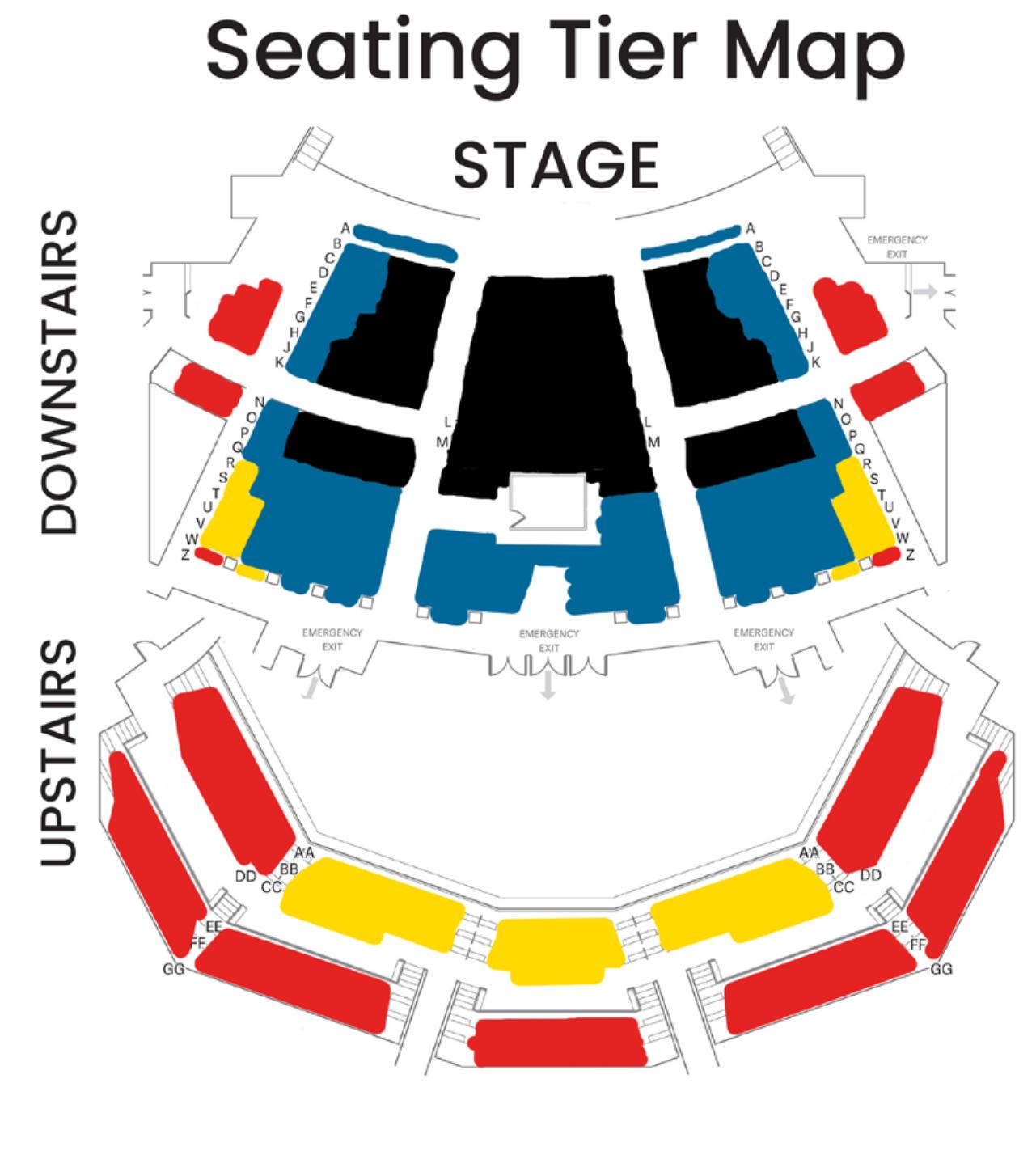 Seating tier map of the hall: downstairs and upstairs sections coloured by tier